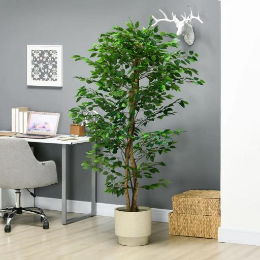 Planta Artificial con Troncos Naturales 180 cm Ficus Sintética con 1260 Hojas Decoración para Hogar Verde [6]