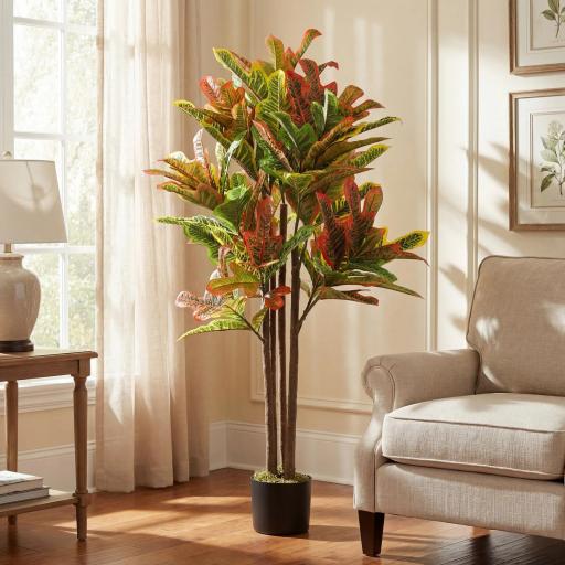 Crotón Artificial 120 cm Planta Artificial Decorativa con Maceta y Hojas para Decoración del Interior Multicolor