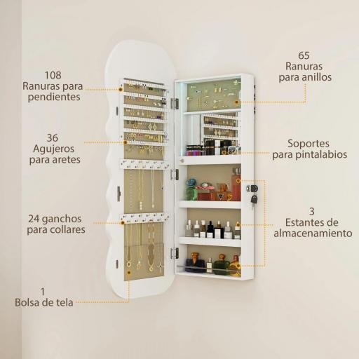 Espejo Joyero con Luz LED Montado en la Pared o en la Puerta con Cerradura Espejo Entero Blanco [5]