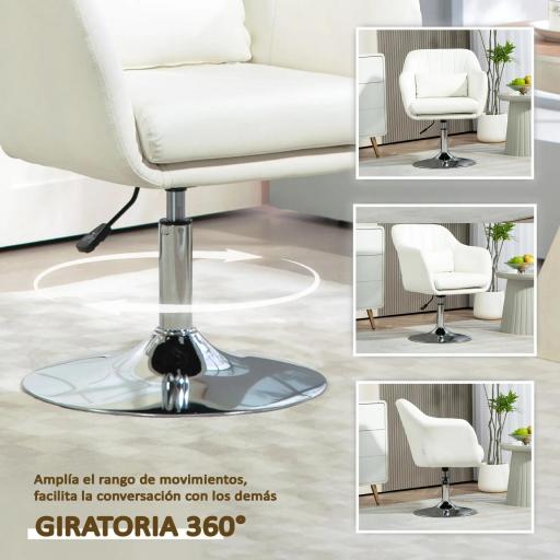 Sillón para Salón Giratorio 360° con Altura Ajustable Respaldo Envolvente Reposabrazos y Cojín 60x60x79-91 cm Blanco [4]