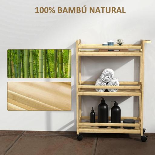 Estantería de Baño de Bambú de 3 Niveles Carrito Auxiliar de Almacenaje con Ruedas 55x20x75 cm Natural [9]