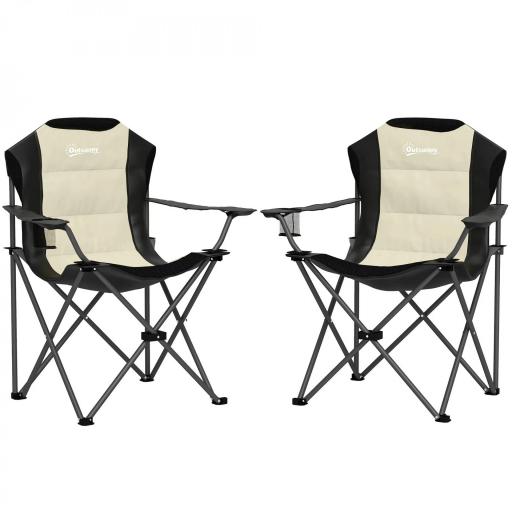 Conjunto de 2 Sillas Plegables Camping Acolchado con Respaldo Alto Portavasos y Bolsas de Transporte Crema y Negro [8]