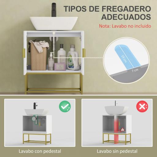 Mueble para Debajo del Lavabo Moderno Armario Bajo con 2 Puertas y Patas de Acero 60x30x65 cm Blanco y Dorado [2]