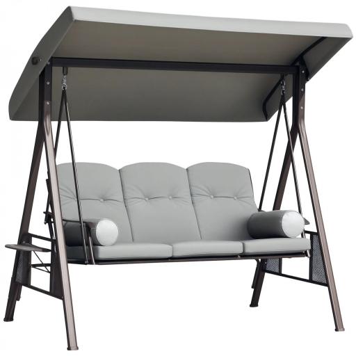 Columpio de Jardín de 3 Plazas con Estructura Metálica Toldo y Bandeja para Bebidas para Exterior 116x206x183 cm Gris [9]
