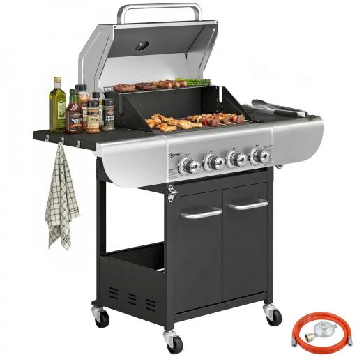 Barbacoa de Gas con 4 Quemadores 12,8 kW Termómetro Parrillas de Hierro Fundido Mesas Laterales Armario y Ruedas Negro [8]