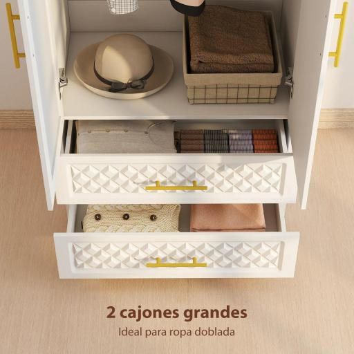 Armario Ropero con Espejo 2 Puertas y 2 Cajones Relieve de Diamante Barra para Colgar 80x50x180 cm Blanco [2]