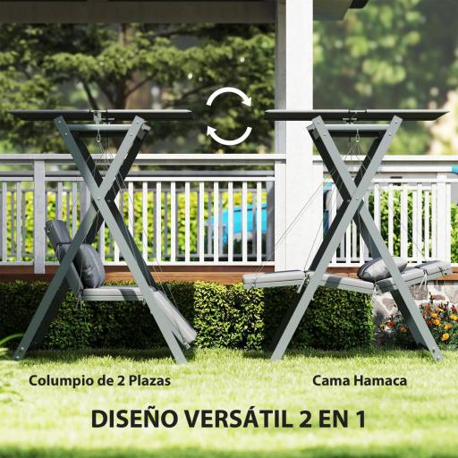 Columpio de Jardín de 2 Plazas Convertible en Cama con Toldo Ajustable UV30+ y Cojines 142x130x168 cm Gris Oscuro [5]