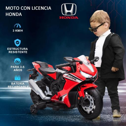 Moto Eléctrica con Licencia HONDA para 3-5 Años con Faros Bocina Música y Ruedas Auxiliares 90x44x52 cm Rojo [4]