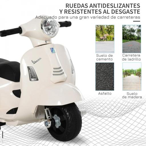 Motocicleta Infantil con Faro Bocina y 4 Ruedas Moto Eléctrica Vespa para Niños con Licencia 66,5x38x52 cm Blanco [3]