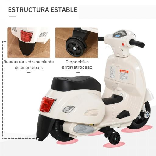 Motocicleta Infantil con Faro Bocina y 4 Ruedas Moto Eléctrica Vespa para Niños con Licencia 66,5x38x52 cm Blanco [6]