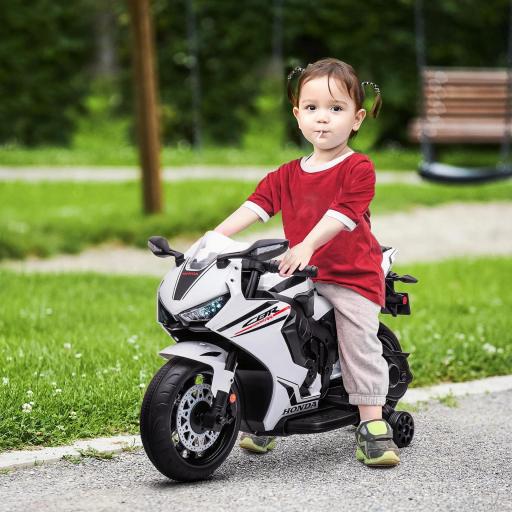 Moto Eléctrica con Licencia HONDA para 3-5 Años con Faros Bocina Música y Ruedas Auxiliares 90x44x52 cm Blanco