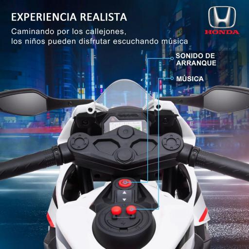 Moto Eléctrica con Licencia HONDA para 3-5 Años con Faros Bocina Música y Ruedas Auxiliares 90x44x52 cm Blanco [5]