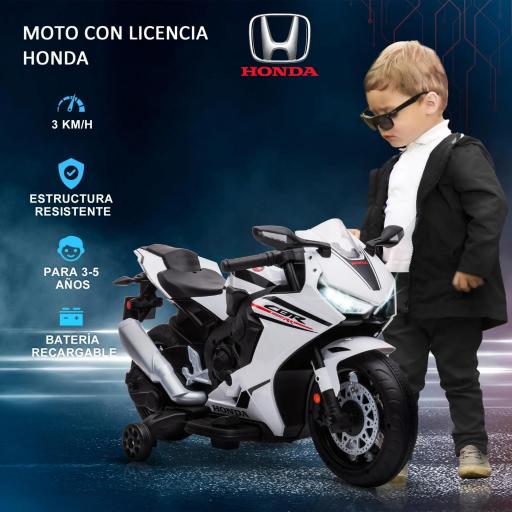 Moto Eléctrica con Licencia HONDA para 3-5 Años con Faros Bocina Música y Ruedas Auxiliares 90x44x52 cm Blanco [8]