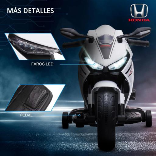 Moto Eléctrica con Licencia HONDA para 3-5 Años con Faros Bocina Música y Ruedas Auxiliares 90x44x52 cm Blanco [6]