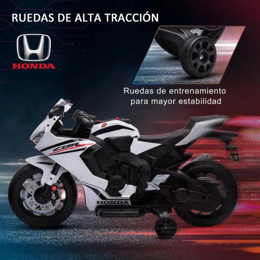 Moto Eléctrica con Licencia HONDA para 3-5 Años con Faros Bocina Música y Ruedas Auxiliares 90x44x52 cm Blanco [2]