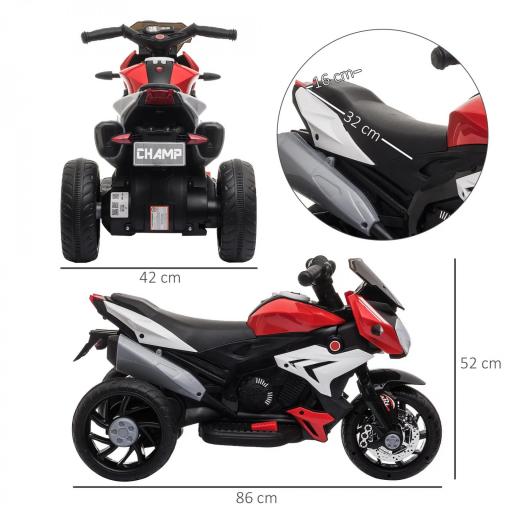 Moto Eléctrica Infantil con 3 Ruedas Trimoto para Niños de +3 Años con Batería 6V Recargable Funciones de Música Bocina Faros 86x42x52 cm Negro y Rojo [3]