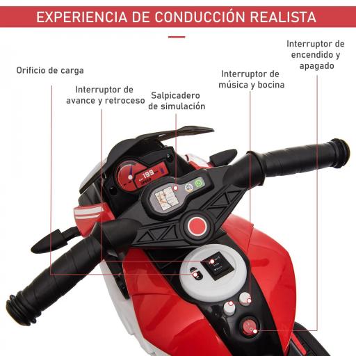 Moto Eléctrica Infantil con 3 Ruedas Trimoto para Niños de +3 Años con Batería 6V Recargable Funciones de Música Bocina Faros 86x42x52 cm Negro y Rojo [4]