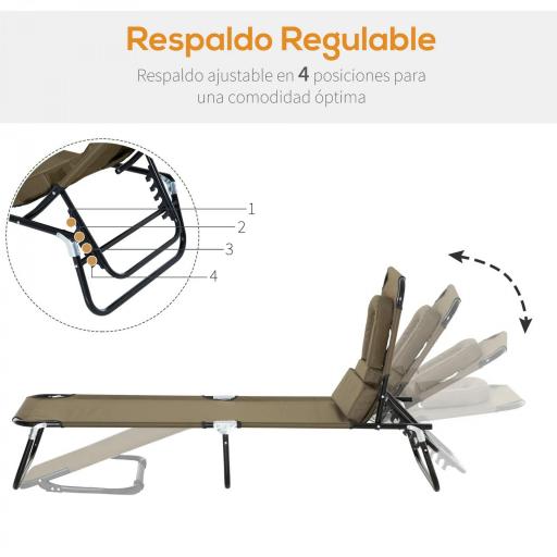 Tumbona Plegable con Respaldo Regulable 4 Posiciones con Orificio de Lectura Almohada Tela Oxford 190x56x28 cm Marrón [2]