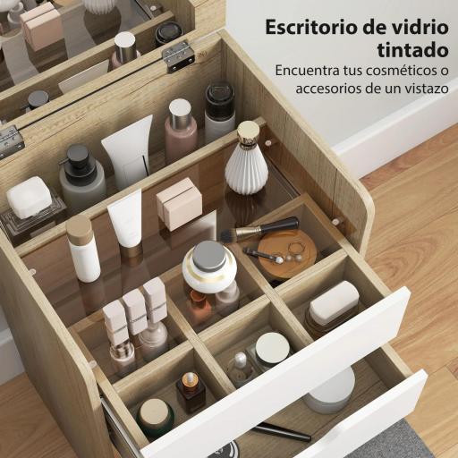  Tocador de Maquillaje 3 en 1 con Taburete Oculto y Espejo Abatible Mesa de Maquillaje de Vidrio Visible Roble y Blanco [4]