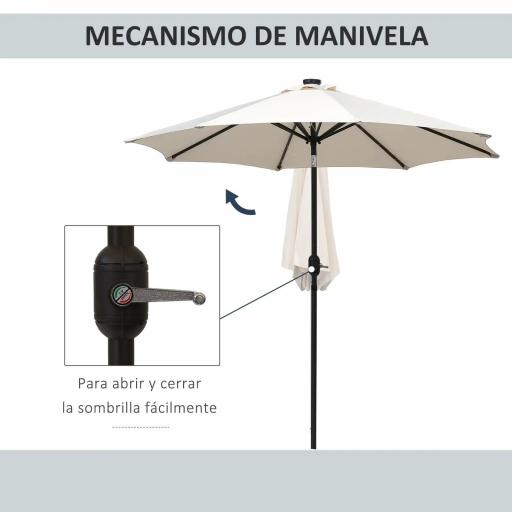 Parasol de Terraza Ø268x238 cm con 24 Luces LED Solar Mecanismo de Inclinación Manivela y Poste Desmontable Crema [3]