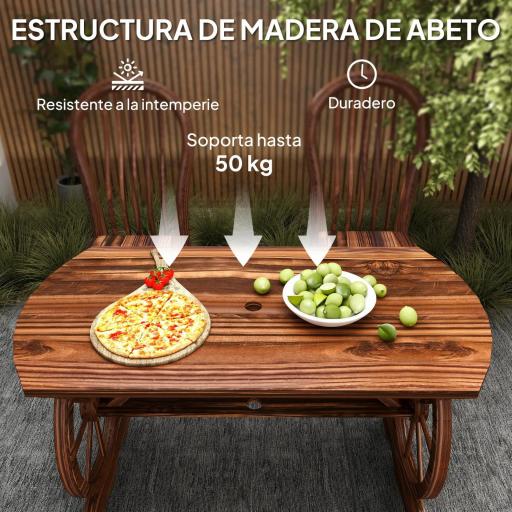 Mesa de Jardín de Madera de Abeto con Patas en Forma de Rueda Orificio para Sombrilla 120x63x70 cm Acabado Carbonizado [3]
