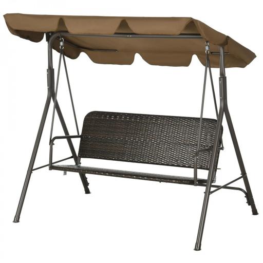 Balancín de Jardín Exterior de 3 Plazas con Toldo Ajustable Asiento de Ratán PE y Reposabrazos 167x112x153 cm Marrón [8]