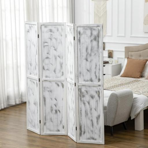 Biombo Divisor Separador de Ambientes de 4 Paneles Plegables de Madera de Paulonia 160,5x170 cm Blanco Rústico [4]