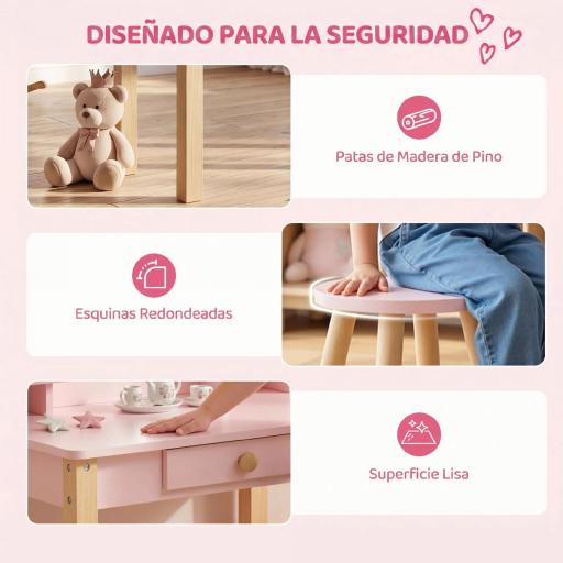 Tocador de Maquillaje Niña Tocador Infantil con Taburete Espejo Cajón y 2 Estantes Abiertos para Niños 3 a 6 Años Rosa [4]