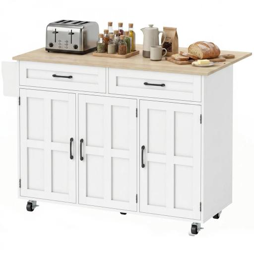 Isla de Cocina con Encimera Extensible Ruedas 2 Cajones 3 Armarios Estantes en la Puerta Toallero Blanco [10]