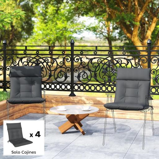 Set de 4 Cojines para Sillas de Jardín Impermeables y Antideslizantes con Respaldo Correas 112x53 cm Gris Oscuro