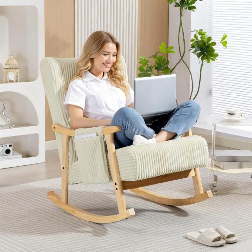 Silla Mecedora de Pana con Cojín Lumbar Patas y Reposabrazos de Madera de Caucho Bolsillo Estilo Moderno Beige [4]