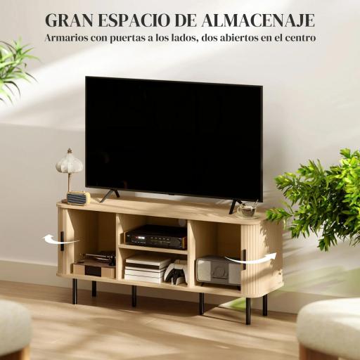Mesa de TV con 2 Puertas Correderas Tipo Persiana 2 Estantes Abiertos para Televisores de 55 Pulgadas 120x40x55 cm Roble [5]