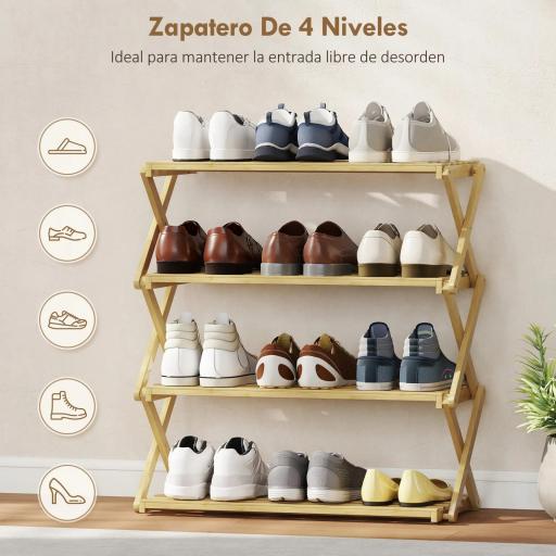 Zapatero Estrecho de Bambú Zapatero Vertical Plegable de 4 Niveles Sin Instalación Natural [4]