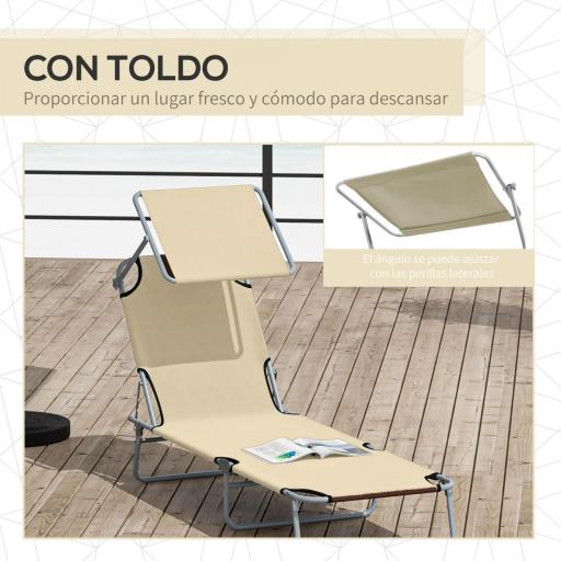 Tumbona de jardín Plegable con Toldo y Respaldo Reclinable para Jardín Terraza Acampada 187x58x36cm Beige [4]
