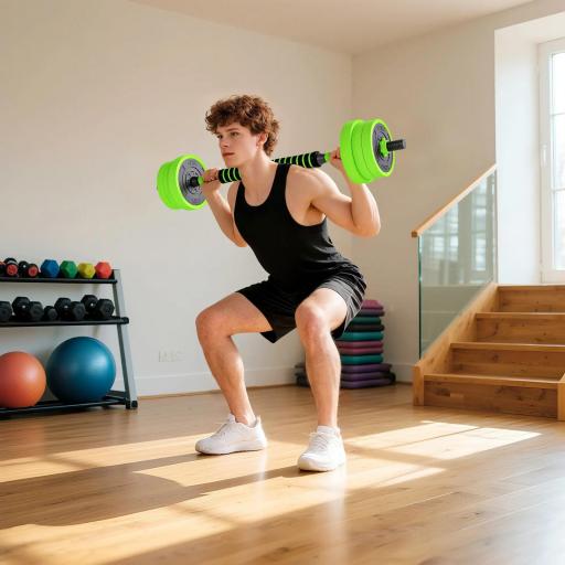 Kit de Gimnasio 4 en 1 con Barra de Pesas Mancuernas Kettlebell para Entrenamiento de Fuerza en Casa Color Verde y Negro