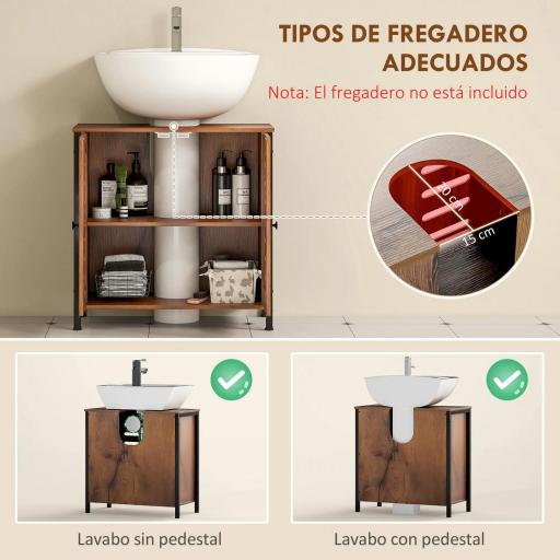 Mueble Bajo Lavabo Industrial 2 Puertas de Lamas con Cierre Magnético Estante Ajustable 60x30x60 cm Marrón Rústico [8]