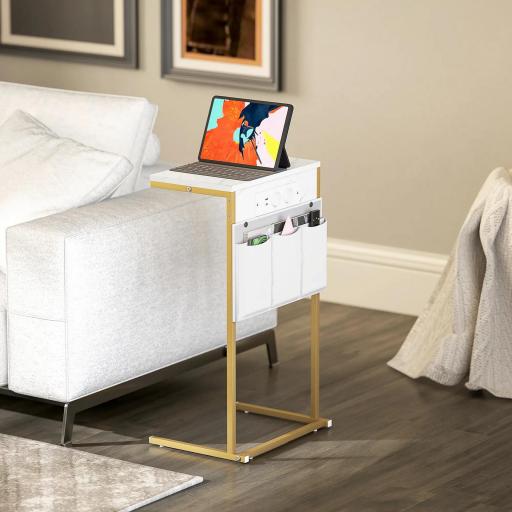 Mesa Auxiliar Estilo Marmolizado con Cargador USB y Espacio de Almacenaje 25,5x40x71 cm Blanco y Dorado