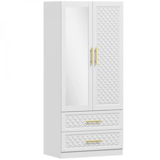 Armario Ropero con Espejo 2 Puertas y 2 Cajones Relieve de Diamante Barra para Colgar 80x50x180 cm Blanco [8]