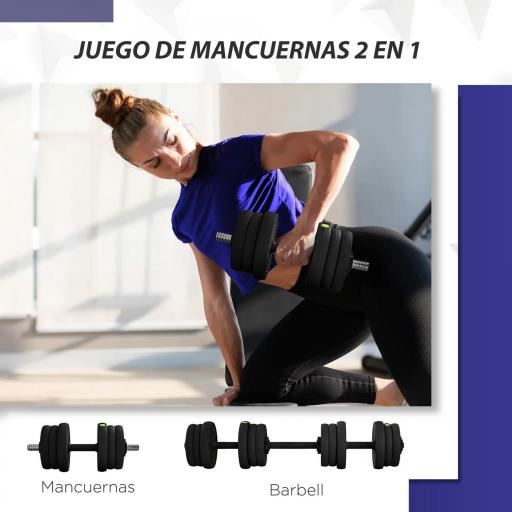 Kit de Mancuernas 20kg 2 en 1 con Barra de Pesas Mango Antideslizante para Entrenamiento de Fuerza Negro Verde [2]