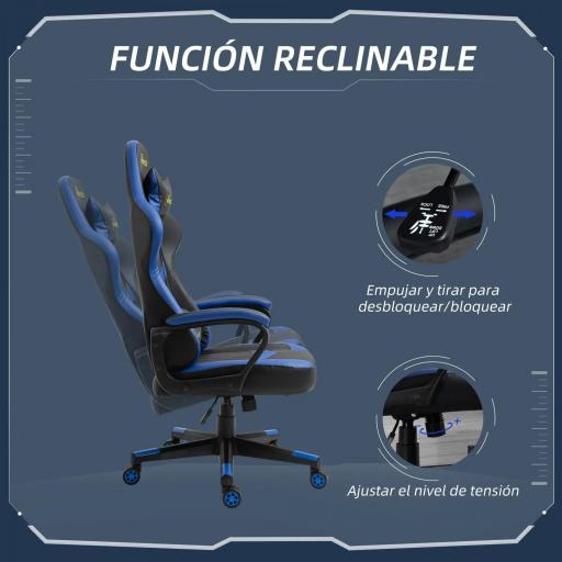 Silla Gaming Altura Regulable Basculante con Reposacabezas Cojín Lumbar 61x70x121-129 cm Azul [5]