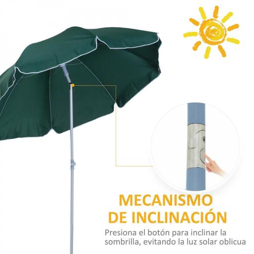 Sombrilla de Playa Diámetro de Ø202 cm con Techo Inclinable Poste Desmontable y Pincho Inferior para Jardín Verde [2]