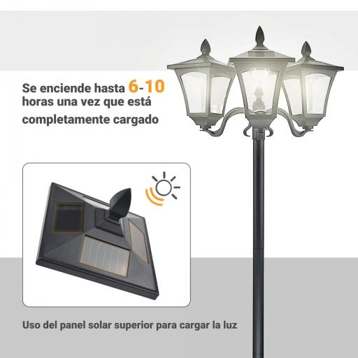 Farola Solar de Jardín con 3 Luces LED Impermeable IP44 Sensor de Noche Farol de Exterior 51,5x47x182,5cm Negro [5]