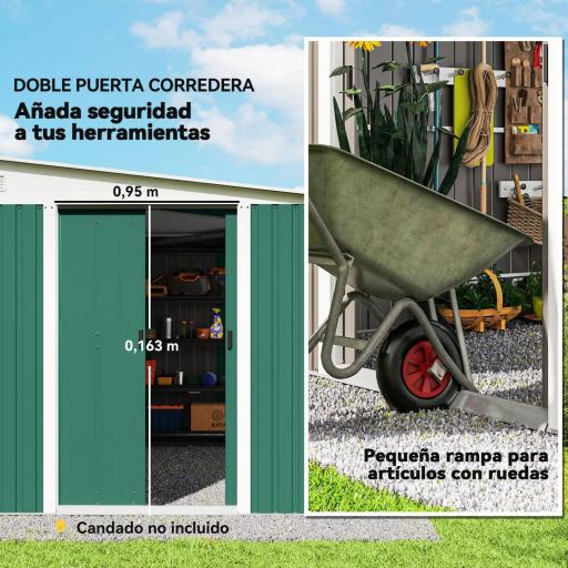 Cobertizo de Jardín Exterior 8,9 m² 280x345x201 cm con Puerta y 2 Ventanas para Almacenamiento de Herramientas Verde [3]