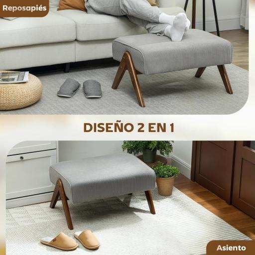 Reposapiés de Salón Taburete Bajo con Asiento Acolchado Patas de Madera para Sala de Estar Dormitorio 69x47x36 cm Gris [5]