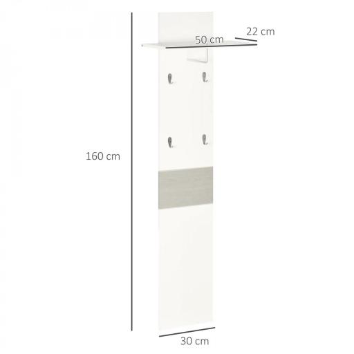 Perchero de Pared con 4 Ganchos y Estante con Barra de Aluminio para Entrada Pasillo 50x23,5x160 cm Blanco [1]