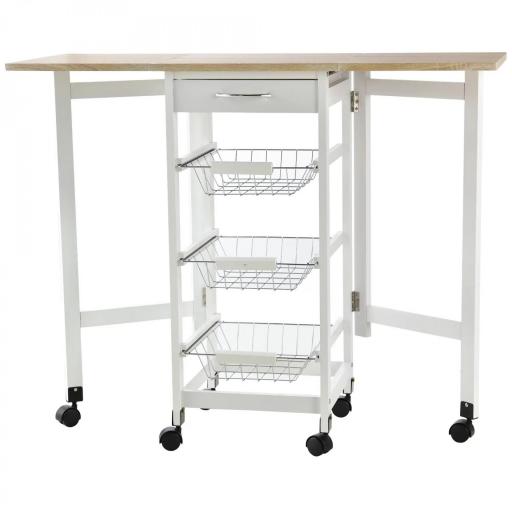 Carrito Auxiliar Plegable Carrito de Cocina con 6 Ruedas 1 Cajón y 3 Cesta de Metal 97,2x37x77,5 cm Blanco y Roble [3]