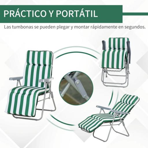  2 Tumbonas de Jardín de Acero con Cojín Acolchado Respaldo Ajustable y Reposapiés 60x75x66-102 cm Rayas Verde [4]