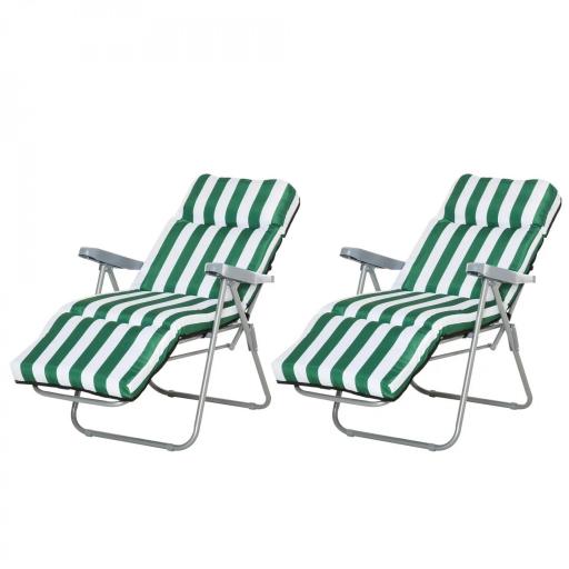  2 Tumbonas de Jardín de Acero con Cojín Acolchado Respaldo Ajustable y Reposapiés 60x75x66-102 cm Rayas Verde [8]