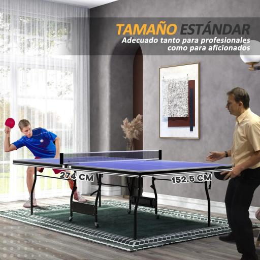 Mesa de Ping-Pong Tamaño Estándar con 4 Ruedas Red 2 Paletas y 3 Pelotas para Interior 274x152,5x76 cm Azul [2]