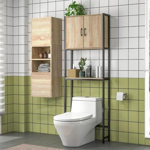 Mueble sobre Inodoro con 2 Puertas Estante Ajustable Estante Abierto para Espacio Pequeño 64x19x178 cm Natural [5]